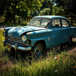 A vintage car with a classic blue paint job that shows significant signs of an accident, featuring crumpled fenders, a shattered windshield, and dents on the body