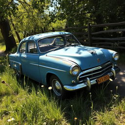 A vintage car with a classic blue paint job that shows significant signs of an accident, featuring crumpled fenders, a shattered windshield, and dents on the body