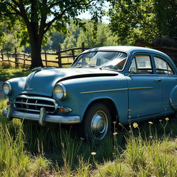 A vintage car with a classic blue paint job that shows significant signs of an accident, featuring crumpled fenders, a shattered windshield, and dents on the body