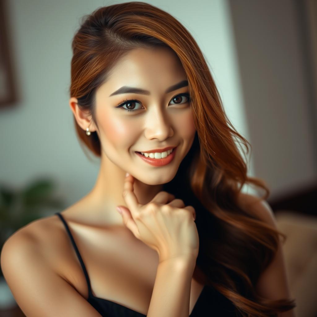 An elegant Asian woman with honey-colored hair, exuding confidence and charm