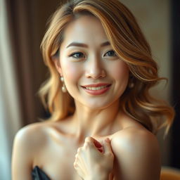 An elegant Asian woman with honey-colored hair, exuding confidence and charm