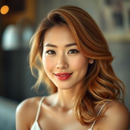 An elegant Asian woman with honey-colored hair, exuding confidence and charm