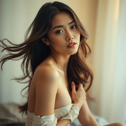An elegant Asian woman with long, flowing hair, embodying grace and sensuality in a soft-lit setting