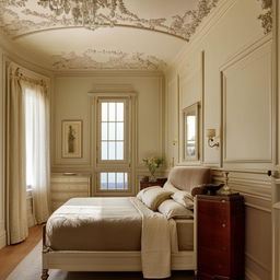 Elegantly designed neoclassical bedroom situated in an oddly shaped room featuring a single small side window, adorned with classical furnishings that pairs sophisticated aesthetic with functionality.