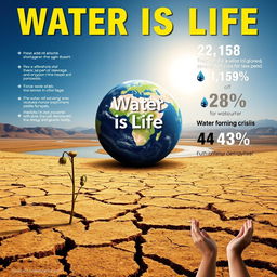 A striking and informative poster about water scarcity, featuring an image of a parched landscape with cracked earth and a lone, wilting plant
