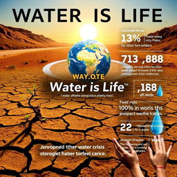 A striking and informative poster about water scarcity, featuring an image of a parched landscape with cracked earth and a lone, wilting plant