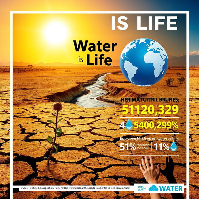 A striking and informative poster about water scarcity, featuring an image of a parched landscape with cracked earth and a lone, wilting plant