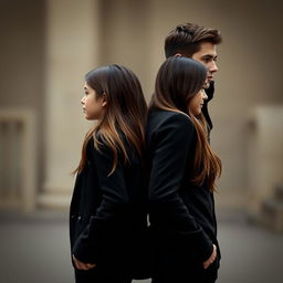 A vertical image sized approximately 15x22, featuring a realistic American girl and guy standing back to back, both turning their backs and looking in different directions, occupying nearly all the space in the composition