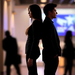 A vertical image sized approximately 15x22, featuring a realistic American girl and guy standing back to back, both turning their backs and looking in different directions, occupying nearly all the space in the composition