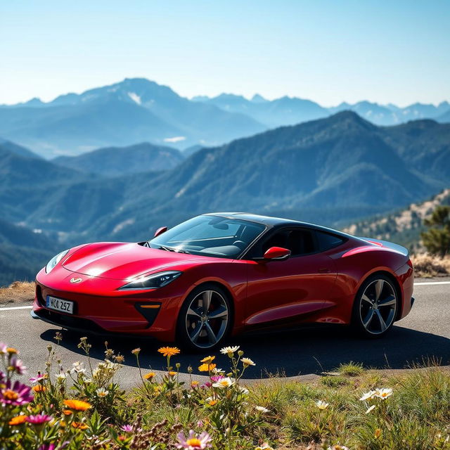 A sleek, modern sports car, glistening in the bright sunlight, parked atop a scenic overlook with a breathtaking view of a mountain range in the background