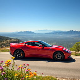 A sleek, modern sports car, glistening in the bright sunlight, parked atop a scenic overlook with a breathtaking view of a mountain range in the background