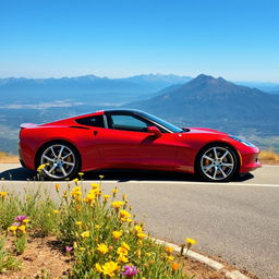 A sleek, modern sports car, glistening in the bright sunlight, parked atop a scenic overlook with a breathtaking view of a mountain range in the background