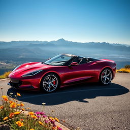A sleek, modern sports car, glistening in the bright sunlight, parked atop a scenic overlook with a breathtaking view of a mountain range in the background