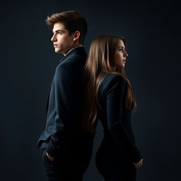 A vertical image sized approximately 15x22, depicting a realistic American girl around 17 years old and an American guy around 19 years old, standing back to back and turning their backs to each other, looking in different directions and filling almost the entire frame