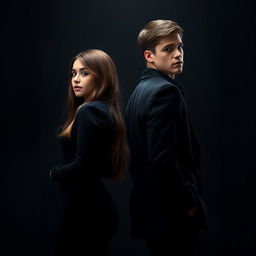 A vertical image sized approximately 15x22, depicting a realistic American girl around 17 years old and an American guy around 19 years old, standing back to back and turning their backs to each other, looking in different directions and filling almost the entire frame