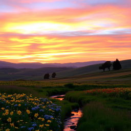 A stunning scenic landscape featuring a vibrant sunset over rolling hills, with a colorful sky filled with shades of orange, pink, and purple