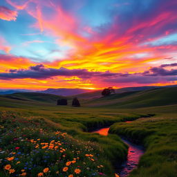 A stunning scenic landscape featuring a vibrant sunset over rolling hills, with a colorful sky filled with shades of orange, pink, and purple