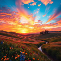 A stunning scenic landscape featuring a vibrant sunset over rolling hills, with a colorful sky filled with shades of orange, pink, and purple