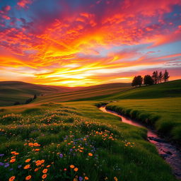 A stunning scenic landscape featuring a vibrant sunset over rolling hills, with a colorful sky filled with shades of orange, pink, and purple
