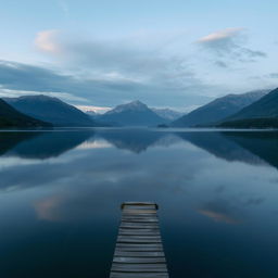 A serene landscape featuring a tranquil lake surrounded by lush greenery and majestic mountains in the background