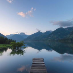 A serene landscape featuring a tranquil lake surrounded by lush greenery and majestic mountains in the background