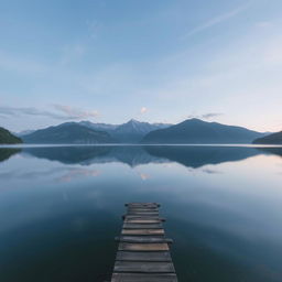 A serene landscape featuring a tranquil lake surrounded by lush greenery and majestic mountains in the background