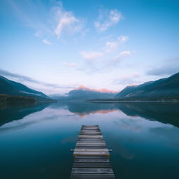 A serene landscape featuring a tranquil lake surrounded by lush greenery and majestic mountains in the background