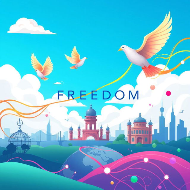 A lively digital landscape featuring the concept of a VPN service named 'FREEDOM', illustrated with abstract representations of connectivity and privacy