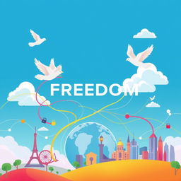 A lively digital landscape featuring the concept of a VPN service named 'FREEDOM', illustrated with abstract representations of connectivity and privacy