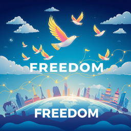 A lively digital landscape featuring the concept of a VPN service named 'FREEDOM', illustrated with abstract representations of connectivity and privacy