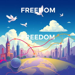 A lively digital landscape featuring the concept of a VPN service named 'FREEDOM', illustrated with abstract representations of connectivity and privacy