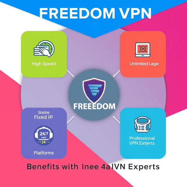 A captivating promotional graphic for FREEDOM VPN showing the key benefits of using the service