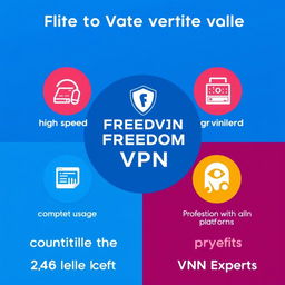 A captivating promotional graphic for FREEDOM VPN showing the key benefits of using the service