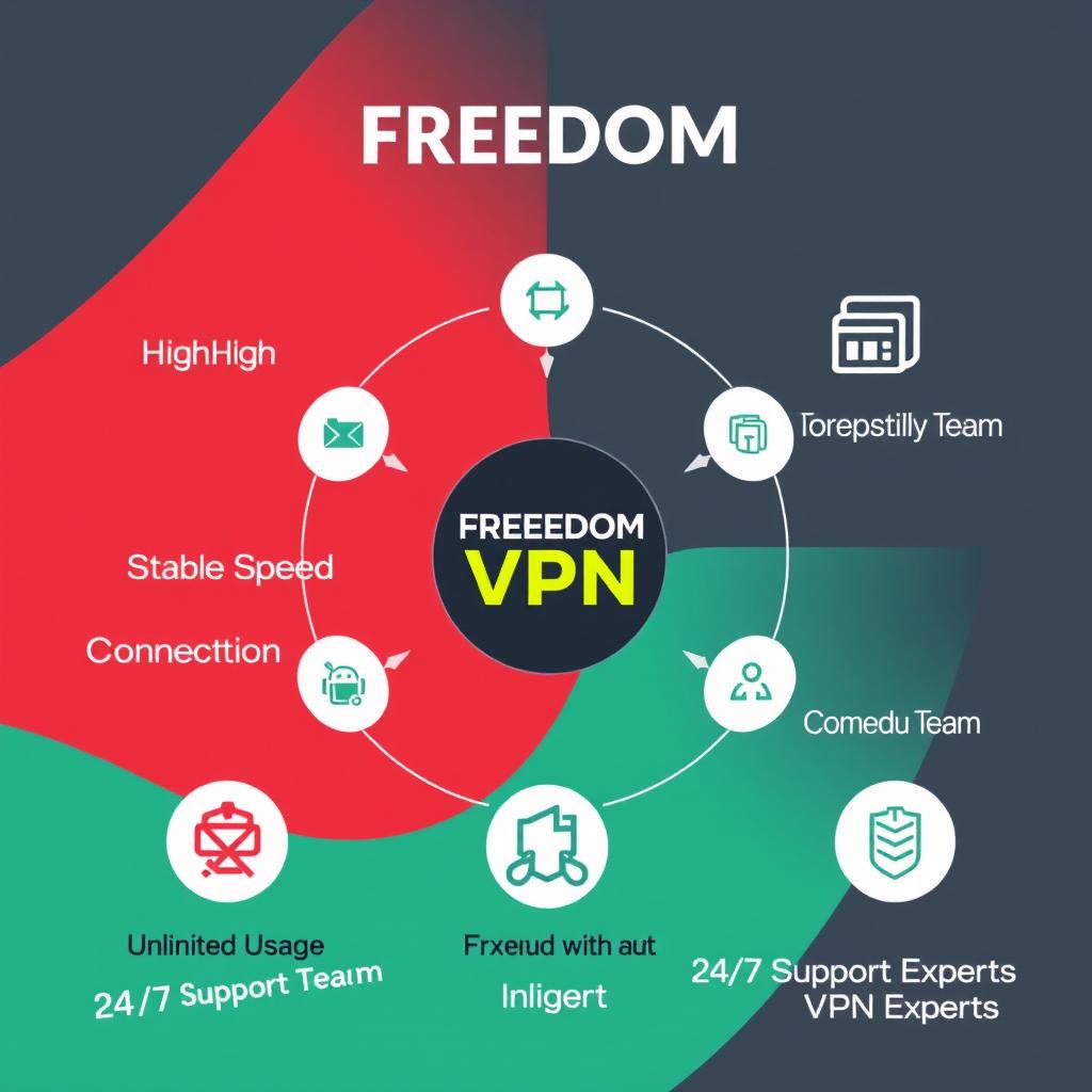 A captivating promotional graphic for FREEDOM VPN showing the key benefits of using the service