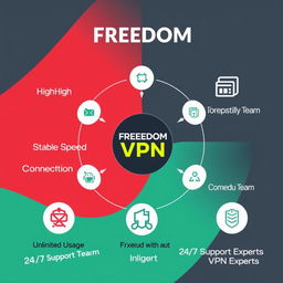 A captivating promotional graphic for FREEDOM VPN showing the key benefits of using the service