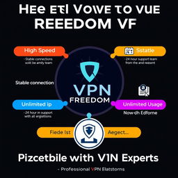 A captivating promotional graphic for FREEDOM VPN showing the key benefits of using the service