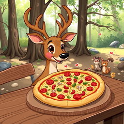 A whimsical illustration of a deer sitting at a rustic wooden table, enjoying a large pizza topped with a variety of colorful ingredients like pepperoni, bell peppers, and mushrooms
