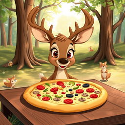 A whimsical illustration of a deer sitting at a rustic wooden table, enjoying a large pizza topped with a variety of colorful ingredients like pepperoni, bell peppers, and mushrooms