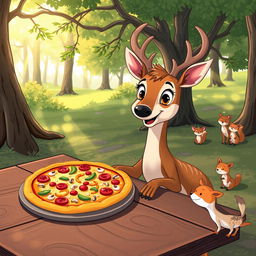 A whimsical illustration of a deer sitting at a rustic wooden table, enjoying a large pizza topped with a variety of colorful ingredients like pepperoni, bell peppers, and mushrooms