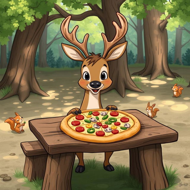 A whimsical illustration of a deer sitting at a rustic wooden table, enjoying a large pizza topped with a variety of colorful ingredients like pepperoni, bell peppers, and mushrooms