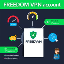 A vibrant advertisement showcasing the features and benefits of the FREEDOM VPN account