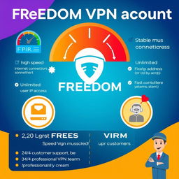 A vibrant advertisement showcasing the features and benefits of the FREEDOM VPN account