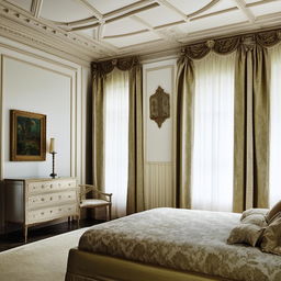 Elegantly designed neoclassical bedroom situated in an oddly shaped room featuring a single small side window, adorned with classical furnishings that pairs sophisticated aesthetic with functionality.