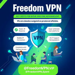 A vibrant and modern digital marketing poster for 'Freedom VPN', featuring key benefits emphasized in an eye-catching layout