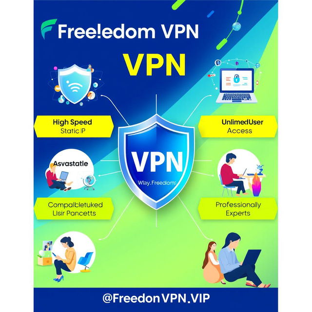 A vibrant and modern digital marketing poster for 'Freedom VPN', featuring key benefits emphasized in an eye-catching layout