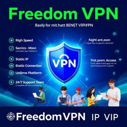 A vibrant and modern digital marketing poster for 'Freedom VPN', featuring key benefits emphasized in an eye-catching layout