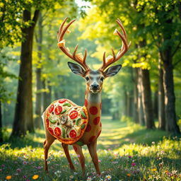 A whimsical and surreal scene featuring a deer that has been creatively transformed into a pizza