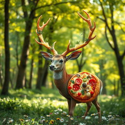 A whimsical and surreal scene featuring a deer that has been creatively transformed into a pizza