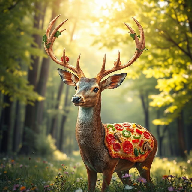 A whimsical and surreal scene featuring a deer that has been creatively transformed into a pizza