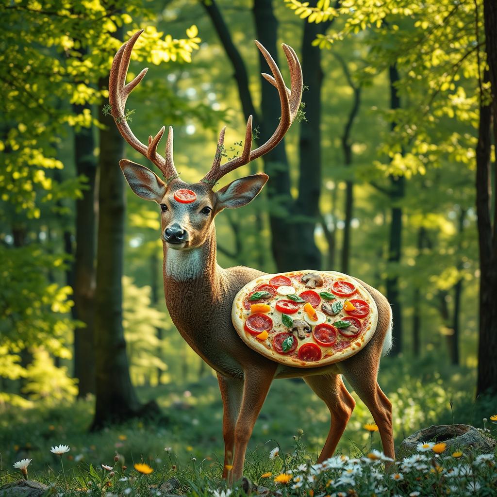 A whimsical and surreal scene featuring a deer that has been creatively transformed into a pizza